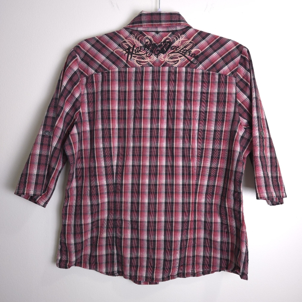HARLEY DAVIDSON‎ Embroidered Logo Pink Check 3/4 Sleeve Casual Shirt L - Picture 2 of 8